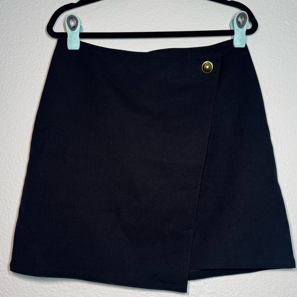 LOFT Black Wrap-Front Mini Skirt with Gold Button